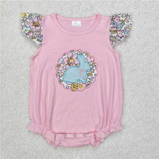 7.11 RTS NO MOQ Summer Baby Girls Bodysuit SR2054 Embroidery Easter Bunny Pink Floral Rompers
