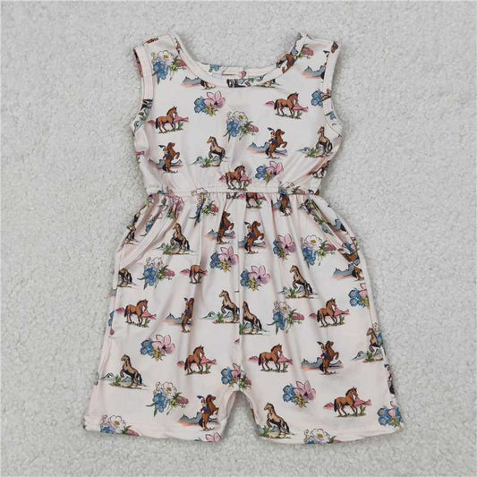 RTS NO MOQ Summer Baby Girls Bodysuit SR2695 Western Rodeo Horse Flowers Pockets Jumpsuits