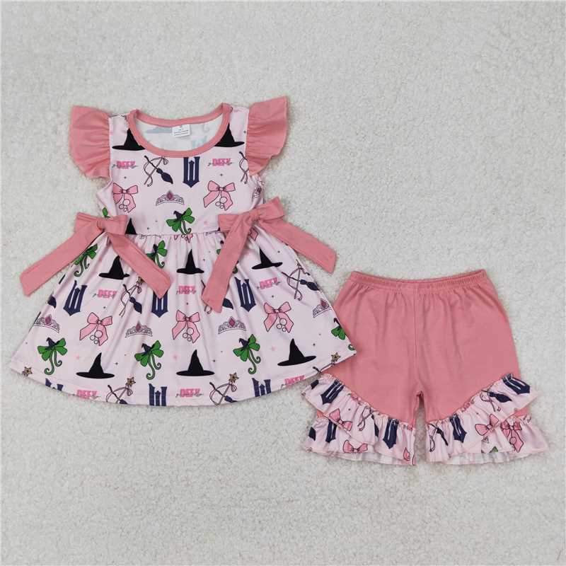 RTS NO MOQ Baby Girls Summer Sets GSSO2006 Flutter Sleeves Pink Princess Bow Tunic Ruffle Shorts Sets