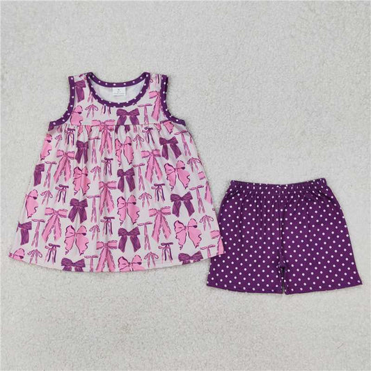 RTS NO MOQ Baby Girls Summer Sets GSSO2105 Purple Bows Tunic Top Dots Shorts Clothes Sets