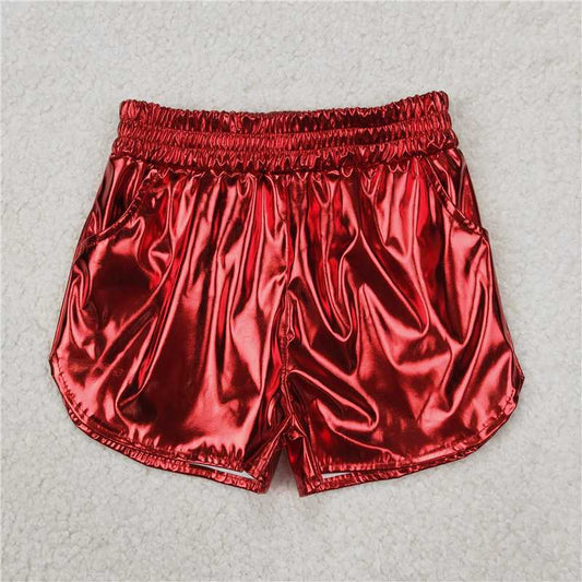 RTS NO MOQ Baby Girls Summer Pants SS0415 Red Pocket Leather Metallic Elastic Bottom Shorts