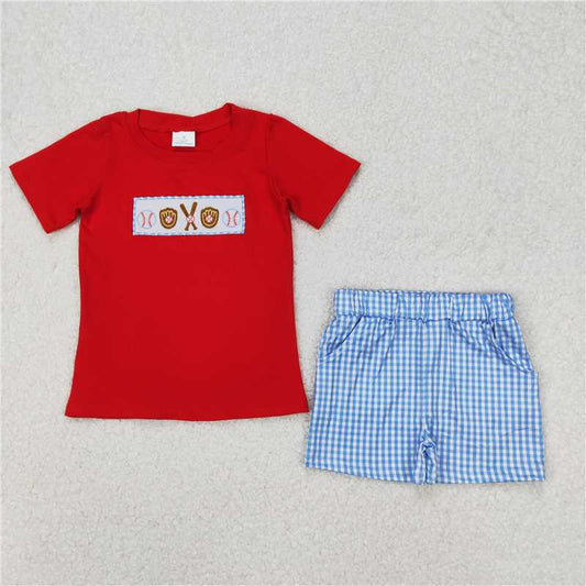 RTS NO MOQ Baby Boys kids Summer sets BSSO1283 Baseball bat gloves red short sleeve blue plaid shorts suit