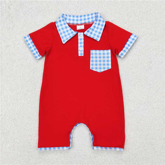 RTS NO MOQ Baby Boys Summer Bodysuit SR2352 Red 4th of July Pocket Polo Rompers