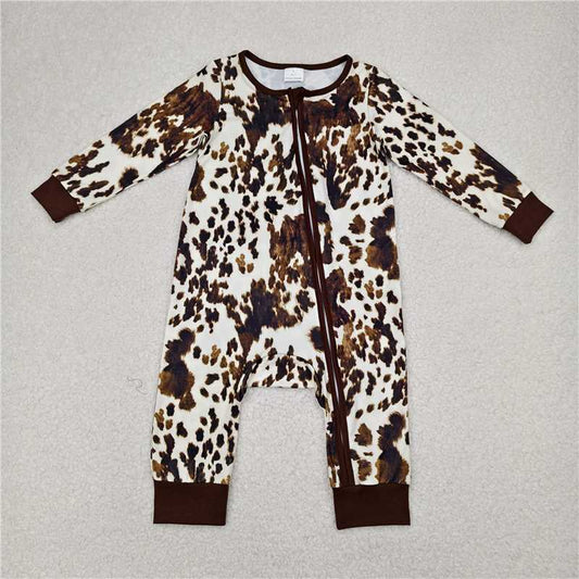 RTS NO MOQ Baby Boys Bodysuit LR2189 Cowhide Print Long Sleeve Zip Rompers