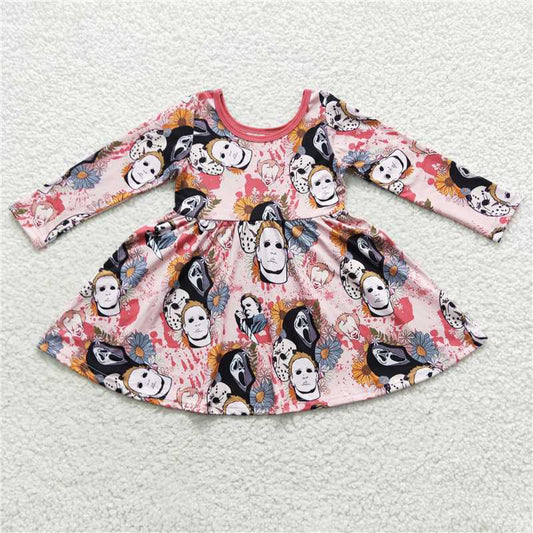 7.5 RTS NO MOQ Baby Girls Long Sleeve GLD0340 Halloween Horrible Friends Twirl Dresses