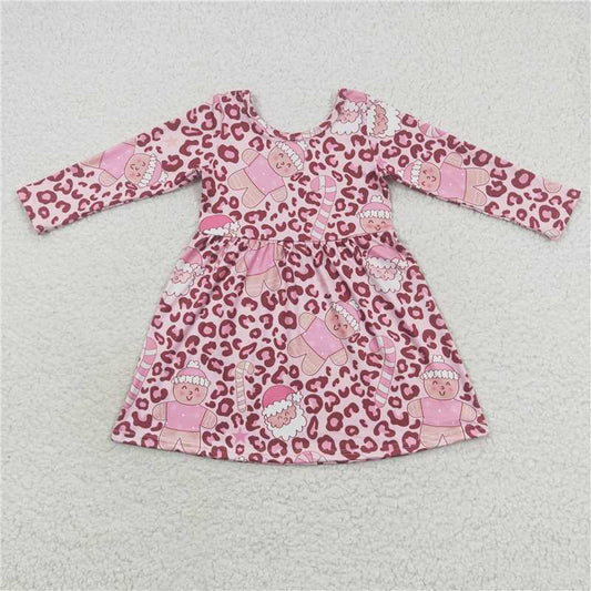 7.5 RTS NO MOQ Baby Girls Long Sleeve GLD0327 Chrirtmas Pink Leopard Santa Long Sleeve Dresses