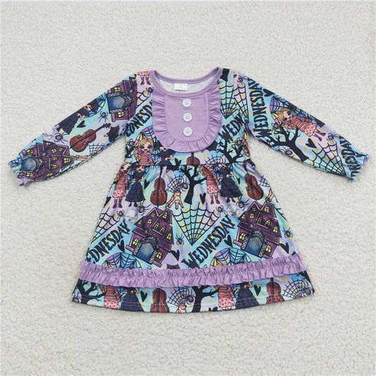 7.5 RTS NO MOQ Baby Girls Long Sleeve GLD0329 Halloween Ruffle Movie Purple Dresses