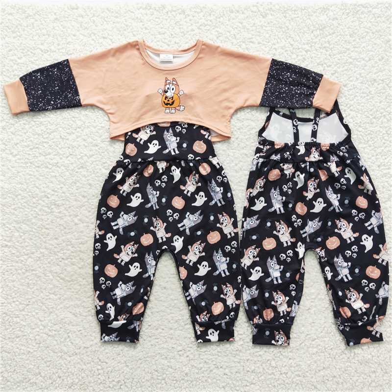 GLP0678 Cartoon Cute Pumpkin Dog Long Sleee Jumpsuit and Top Set