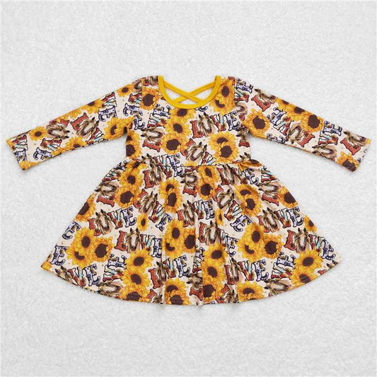 7.5 RTS NO MOQ Baby Girls Long Sleeve GLD0393 Western Horse Sunflower Knee Length Dresses