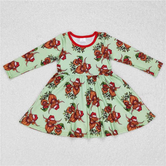 7.5 RTS NO MOQ Baby Girls Long Sleeve GLD0387 Western Highland Cows Christmas Twirl Dresses