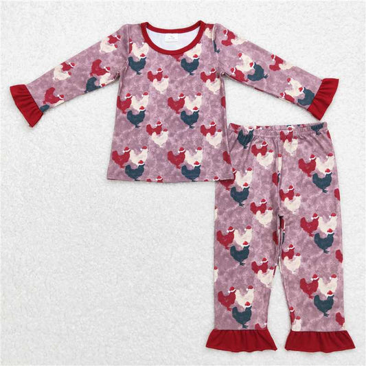 GLP0848 Baby Girls Christmas Farm Chickens Tops Ruffle Pants Pajamas Sets