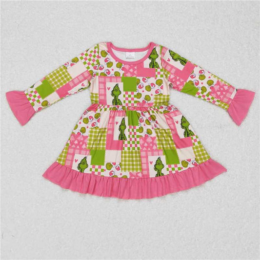 7.5 RTS NO MOQ Baby Girls Long Sleeve GLD0420 Christmas Green Pink Ruffle Knee Length Dresses
