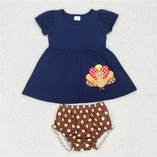 RTS NO MOQ Baby Girls Summer Outifts GBO0183 Thanksgiving Navy Turkey Tunic Polka Dots Top Bummie Sets