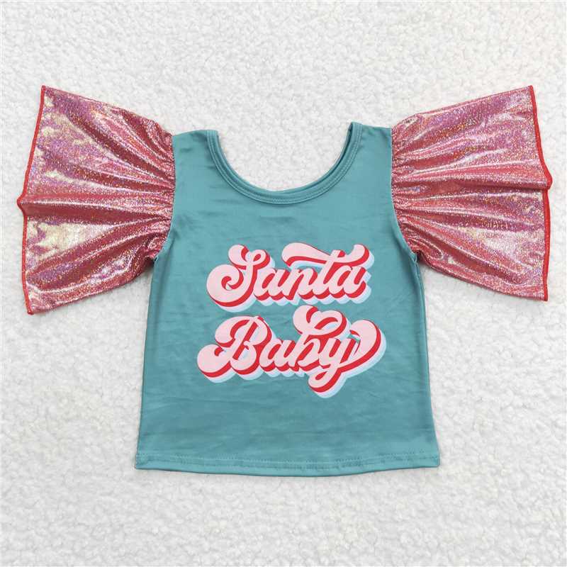6.5 RTS NO MOQ Summer Baby Girls Short Sleeve GT0286 Pink Christmas Flutter Sleeve Shirts Tops