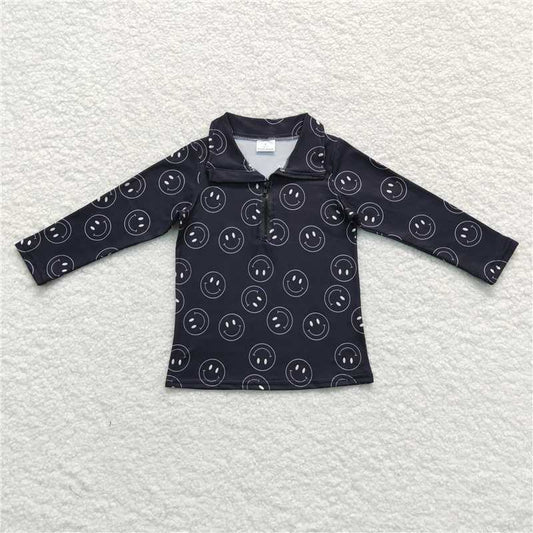 6.30 RTS NO MOQ Baby Boys Long Sleeve BT0398 Black Smile Long Sleeve Zip Pullovers Tops