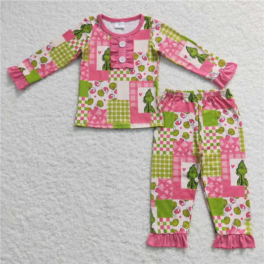 GLP0846 Baby Girls Christmas Green Pink Tops Pants Pajamas Clothes Sets