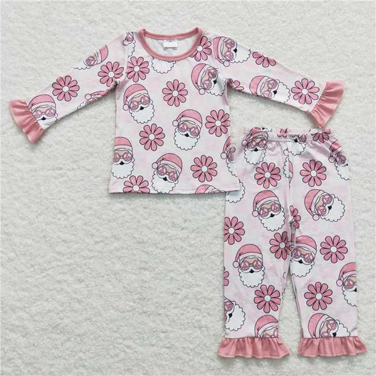 GLP0713 Baby Girls Christmas Santa Pink Flowers 2Pcs Jammies Pajamas Clothes Sets