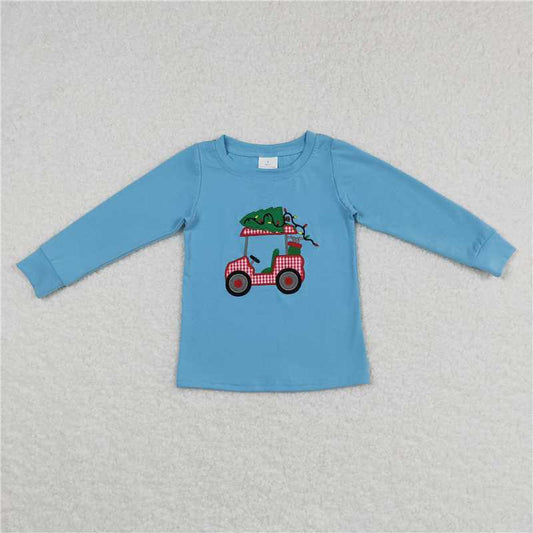 6.30 RTS NO MOQ Baby Boys Long Sleeve BT0352 Christmas Tractor Blue Long Sleeve Shirts