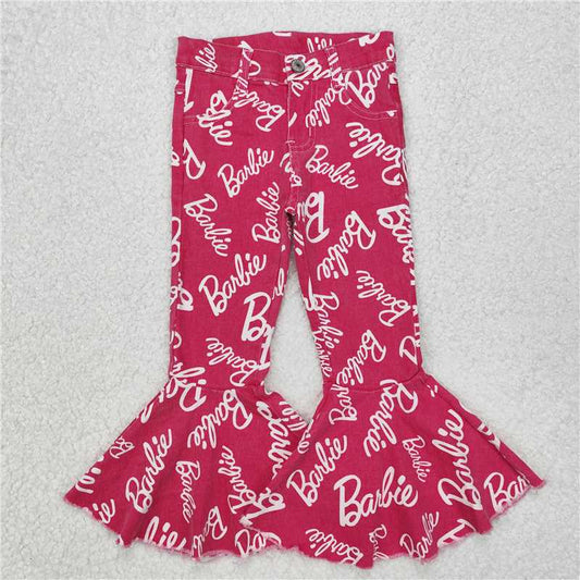 RTS NO MOQ Baby Girls Pants P0295 Hot Pink Ruffle Denim Bell Bottom Pants
