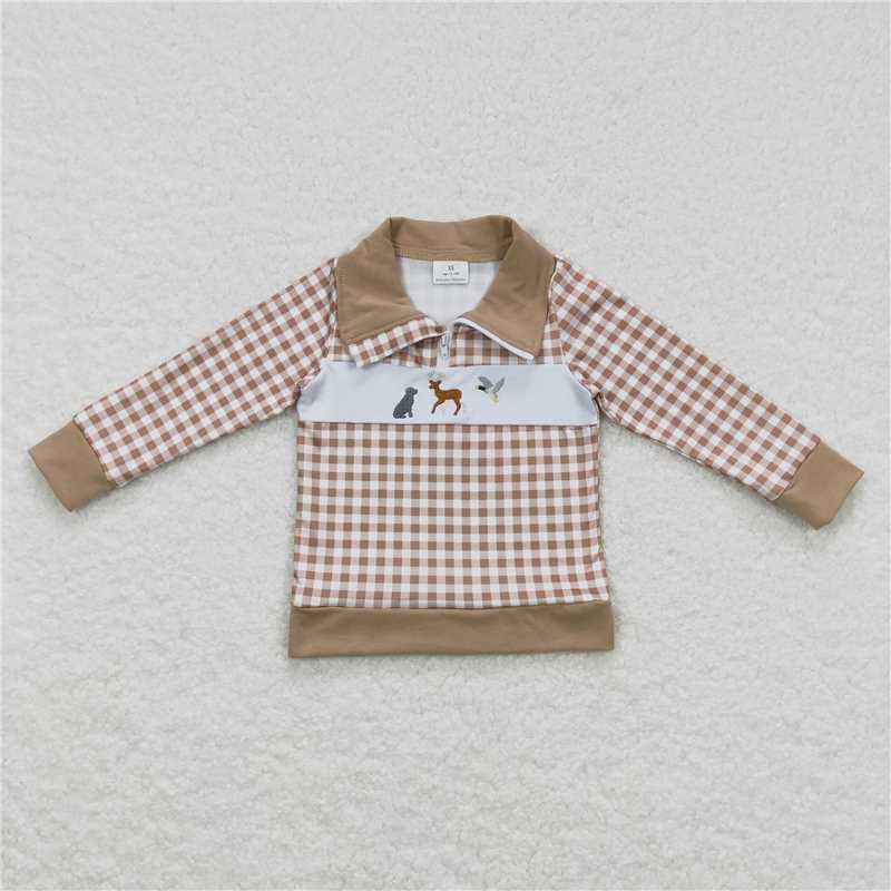 6.30 RTS NO MOQ Baby Boys Long Sleeve BT0345 Dog Hunting Khaki Checkered Top Tee Shirts