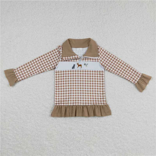 5.22 RTS NO MOQ Baby Girls Long Sleeve GT0320 Dog Hunting Khaki Checkered Top Tee Shirts