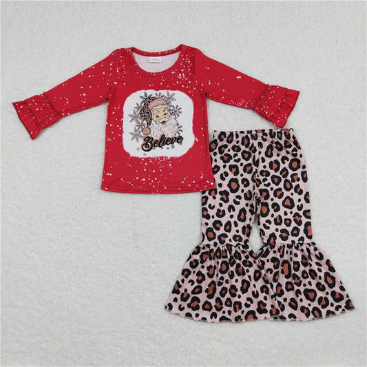 GLP0862 Baby Girls Christmas Santa Believe Shirt Leopard Bell Pants Clothes Sets