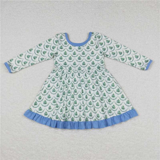 7.5 RTS NO MOQ Baby Girls Long Sleeve GLD0403 Christmas Tree Green Long Sleeve Knee Length Dresses