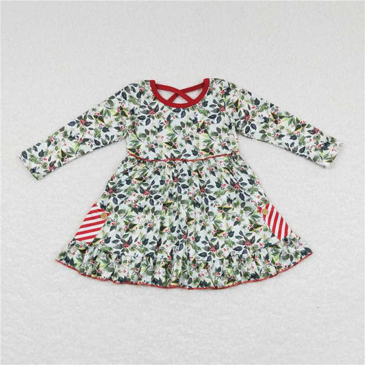 7.5 RTS NO MOQ Baby Girls Long Sleeve GLD0389 Christmas Green Tree Leaves Knee Length Dresses