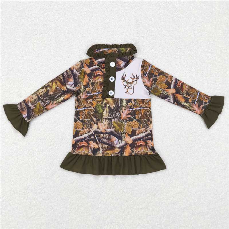 5.22 RTS NO MOQ Baby Girls Long Sleeve GT0311 Camo Hunting Deer Ruffle Pullover Jackets Tops