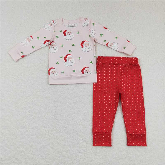 GLP0915 Baby Girls Pink Santa Top Dots Pants Pajamas Clothing Sets