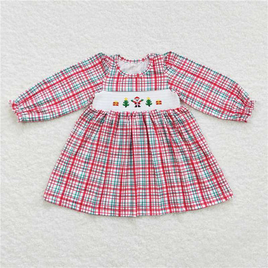 7.5 RTS NO MOQ Baby Girls Long Sleeve GLD0331 Christmas Red Plaid Santa Tree Dresses