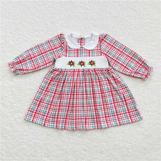7.5 RTS NO MOQ Baby Girls Long Sleeve GLD0300 Christmas Leaves Holly Smocked Plaid Dresses