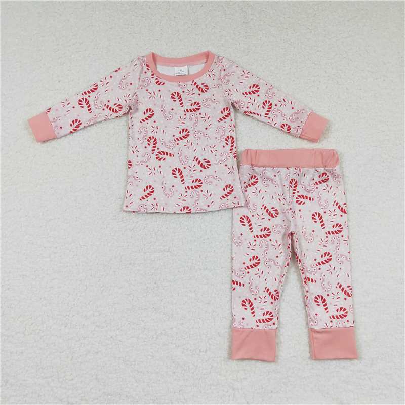 GLP0738 Baby Girls Christmas Pink Red Candy Cane Pajamas 2pcs Clothing Sets