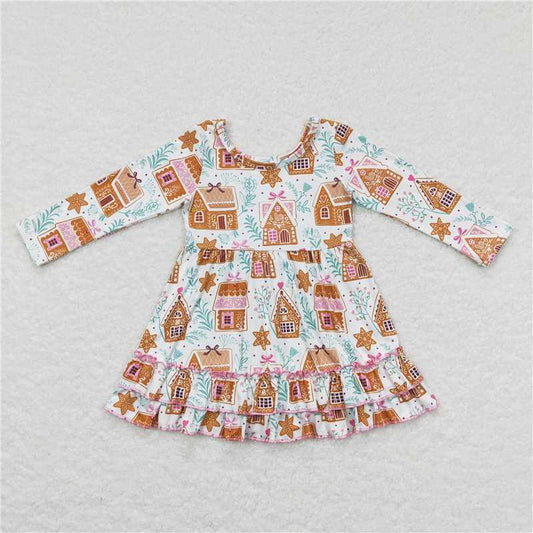 7.5 RTS NO MOQ Baby Girls Long Sleeve GLD0447 Christmas Gingerbread House Knee Length Dresses