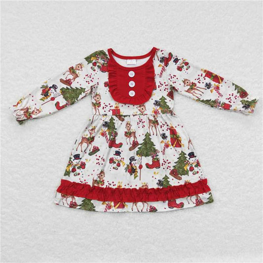 7.5 RTS NO MOQ Baby Girls Long Sleeve GLD0292 Christmas Deer Ruffle Knee Length Dresses