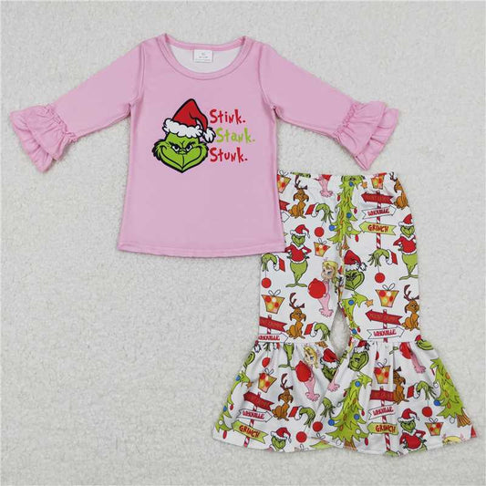 GLP0907 Baby Girls Pink Christmas Frog Ruffle Top Bell Bottom Pants Clothing Sets