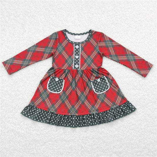 7.5 RTS NO MOQ Baby Girls Long Sleeve GLD0424 Christmas Red Green Checkered Pockets Knee Length Dresses