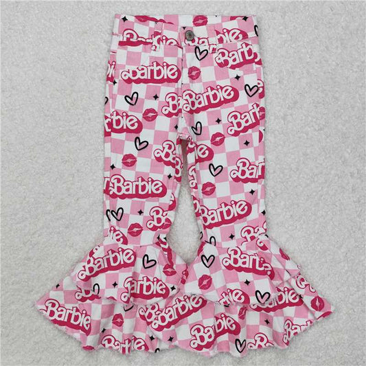 RTS NO MOQ Baby Girls Pants P0294 Pink Valentines Checkered Hearts Denim Bell Flare Pants
