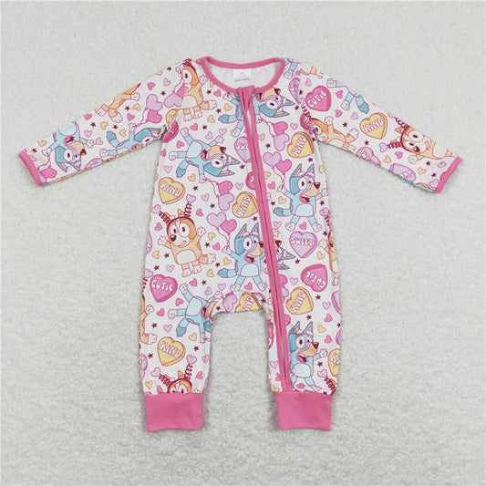 7.26 RTS NO MOQ Baby Girls Bodysuit LR0886 Valentines Dogs Long Sleeve Zip Rompers