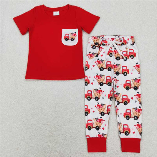 5.27 RTS NO MOQ Baby Boys Summer Sets BSPO0267 Valentines Tractor Pocket Tee Shirts Pants Outfits Clothes Sets