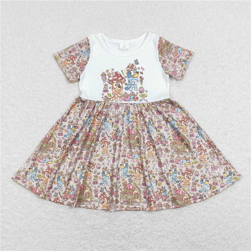 8.1 RTS NO MOQ Summer Baby Girls Dresses GSD0623 Dogs Flowers Short Sleeve Knee Length Dresses