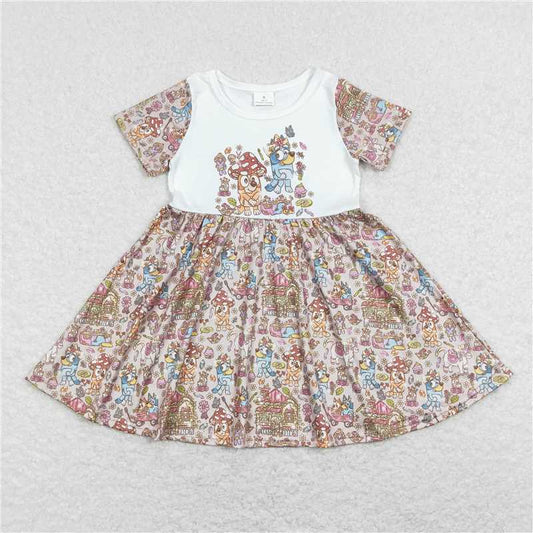 8.1 RTS NO MOQ Summer Baby Girls Dresses GSD0623 Dogs Flowers Short Sleeve Knee Length Dresses