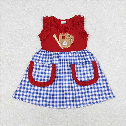 7.31 RTS NO MOQ Summer Baby Girls Dresses GSD0566 Red Blue Baseball Pockets Knee Length Dresses