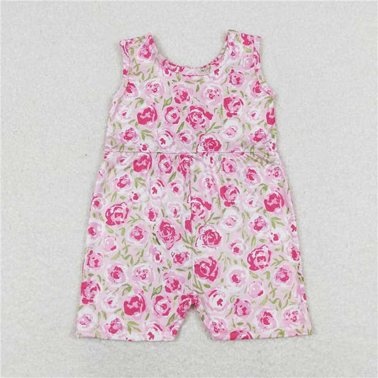 RTS NO MOQ Summer Baby Girls Bodysuit SR1127 Pink Floral Sleeveless Shorts Jumpsuits