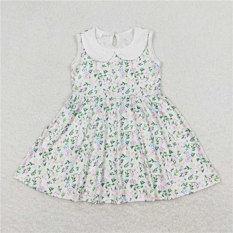 8.1 RTS NO MOQ Summer Baby Girls Dresses GSD0885 Green Floral Pink Spring Sleeveless Knee Length Dresses