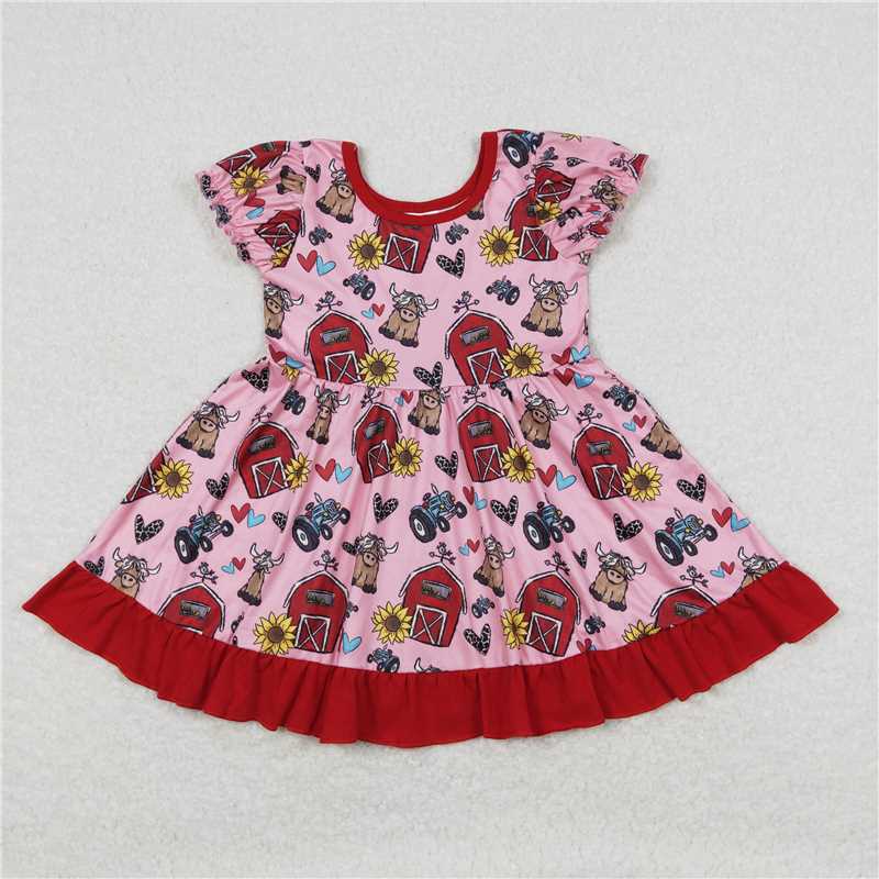 8.1 RTS NO MOQ Summer Baby Girls Dresses GSD1025 Red Farm House Sunflower Ruffle Knee Length Dresses