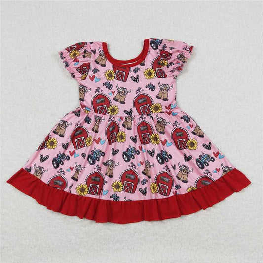 8.1 RTS NO MOQ Summer Baby Girls Dresses GSD1025 Red Farm House Sunflower Ruffle Knee Length Dresses
