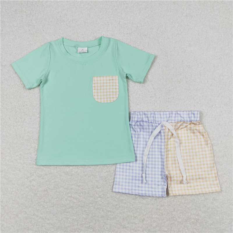 RTS NO MOQ Baby Boys kids Summer Sets BSSO0680 Pocket Teal Short Sleeve Blue and Yellow Plaid Shorts Set