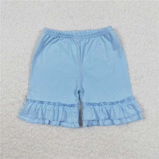 6.20 RTS NO MOQ Baby Girls Summer Pants SS0183 Light Blue Cotton Double Ruffle Shorts