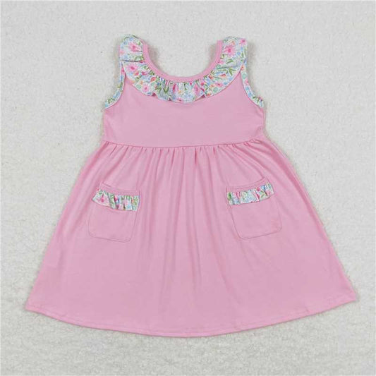 7.31 RTS NO MOQ Summer Baby Girls Dresses GSD0961 Pink Floral Knee Length Pockets Back Bow Dresses